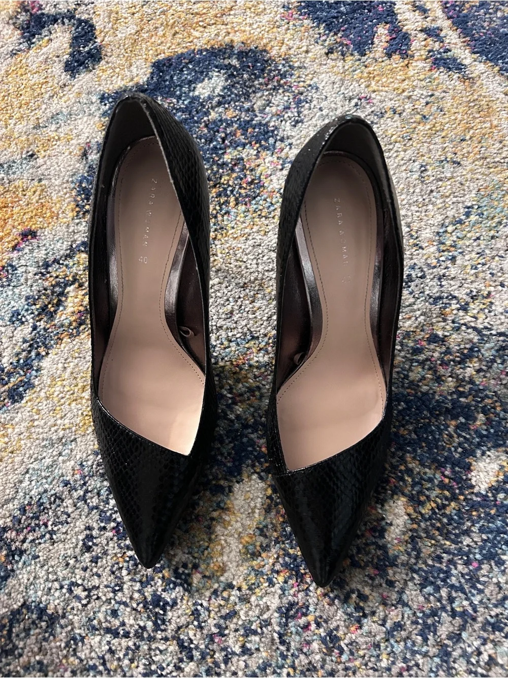 Zara Black Pointed Snake-Texture Heels